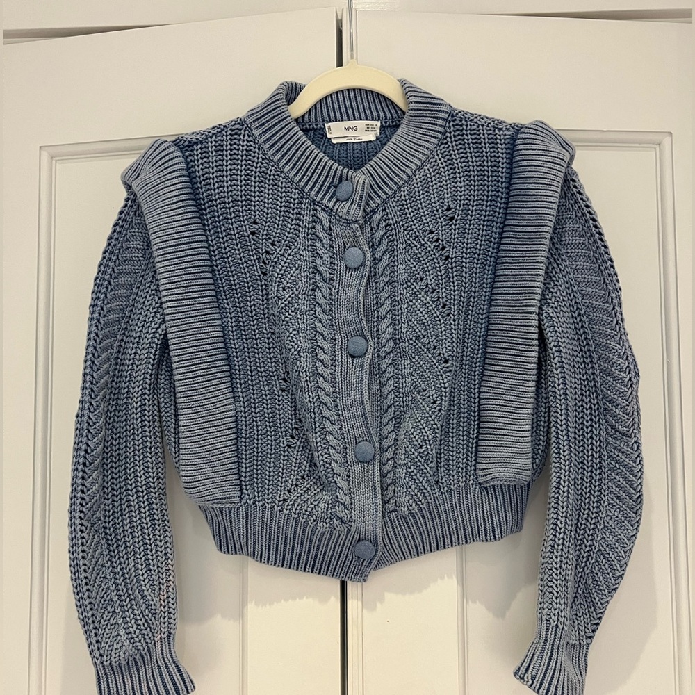 Mango Light Blue Cable Knit Puff Sleeve Cardigan